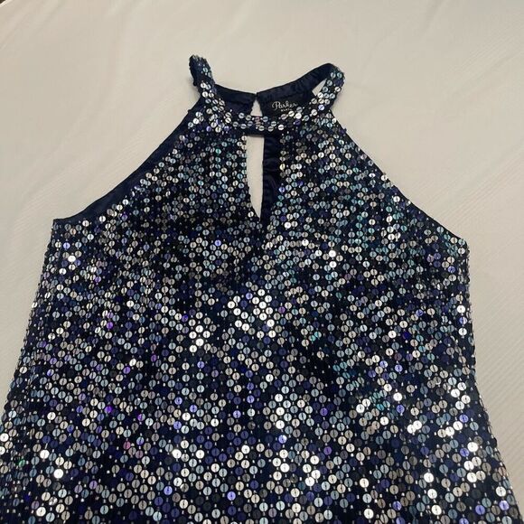 PARKER Sequin Beaded Aquarius Blue Keyhole Halter Cocktail Dress Evening Size 4 - Picture 6 of 14